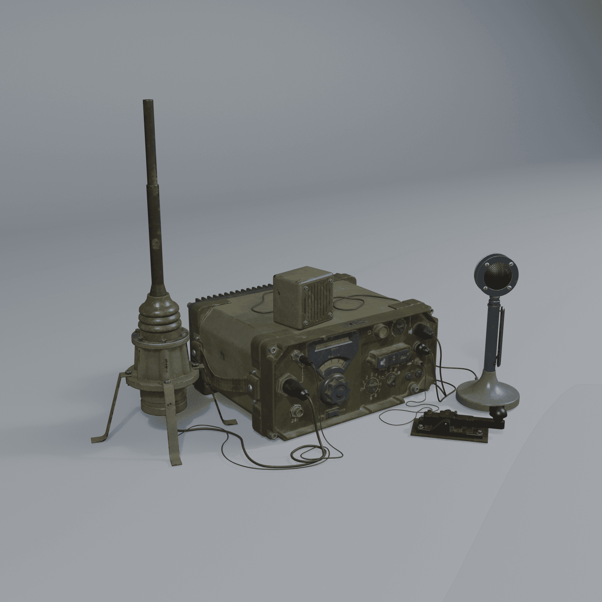 Vintage radio transceiver set with speaker, antenna, desk microphone, and Morse key, rendered as an independent Tarelva product study